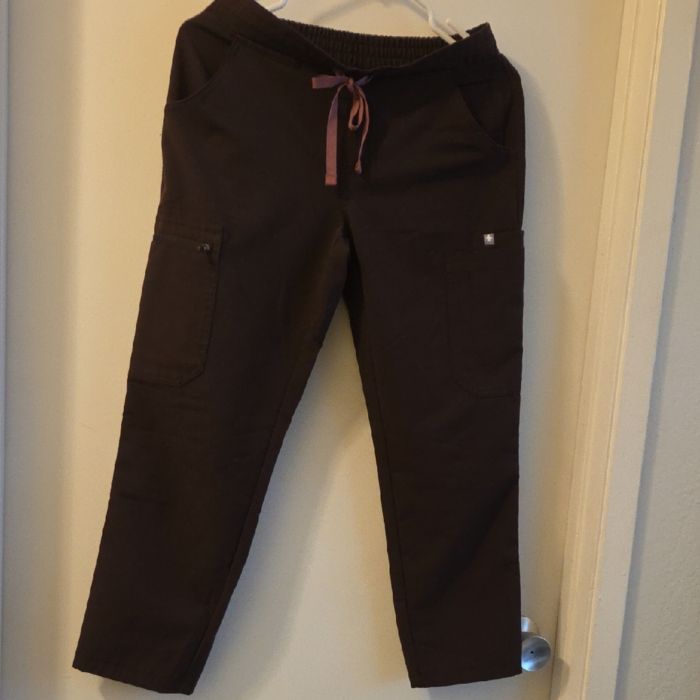 Figs Dark Brown Technical Collection Scrub Pants with Pink Drawstring